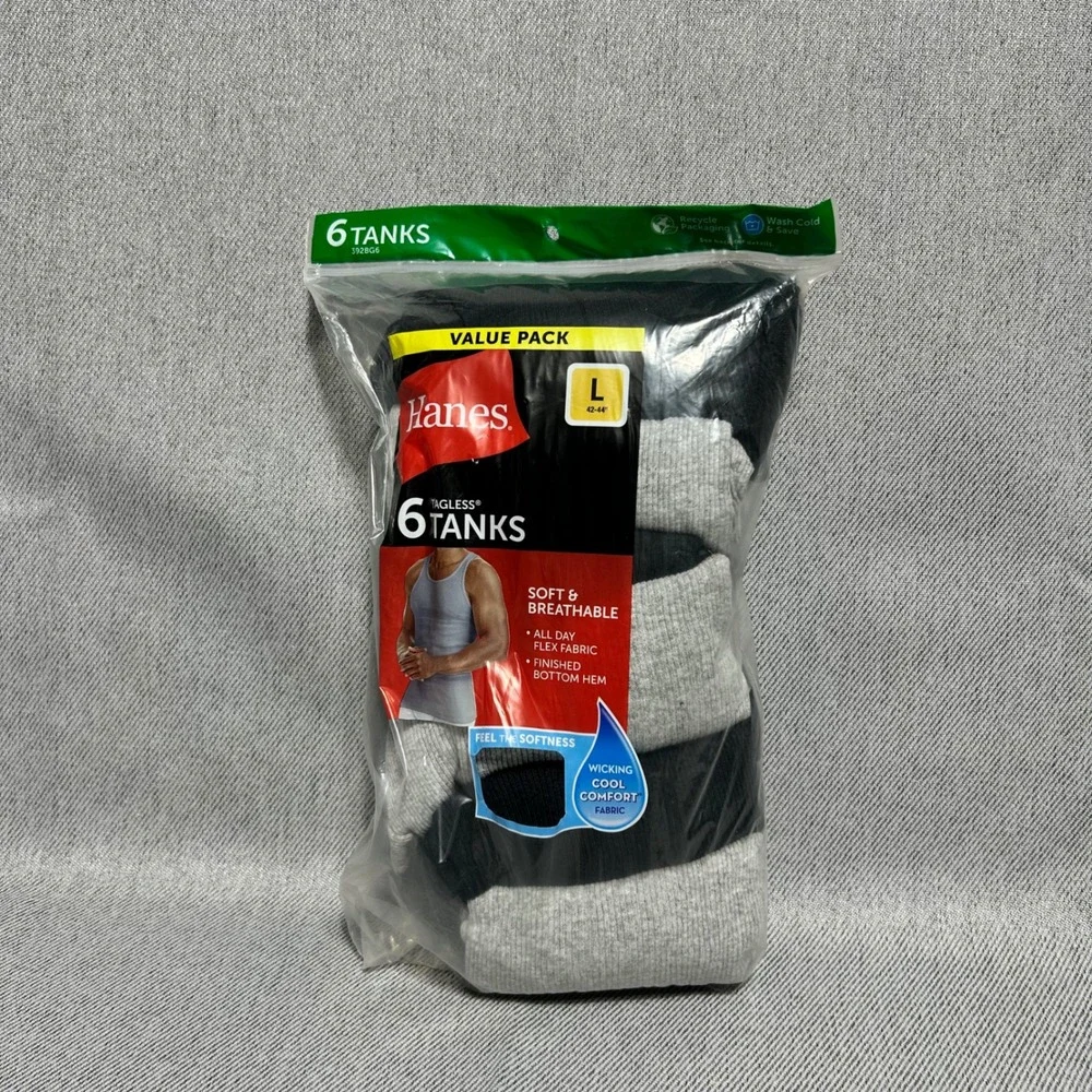 Hanes Mens Tagless A-Shirt Tank Tops 6 Pack Size L Black Grey Ribbed 392BG6